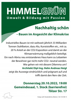 Einladung zum Vortrag vom 20.10.2022 zum nachhaltigen Bauen