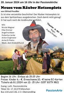 Plakat zum Kindertheater "Neues vom Räuber Hotzenplotz" am 20.01.2024 in der Passionskirche
