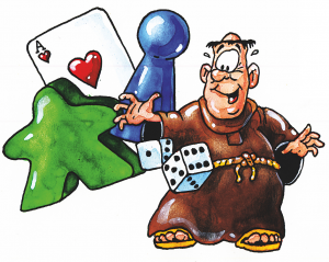 Mönch der Würfel wirft, im Hintergrund eine Spielkarte, eine Spielfigur und ein Meeple